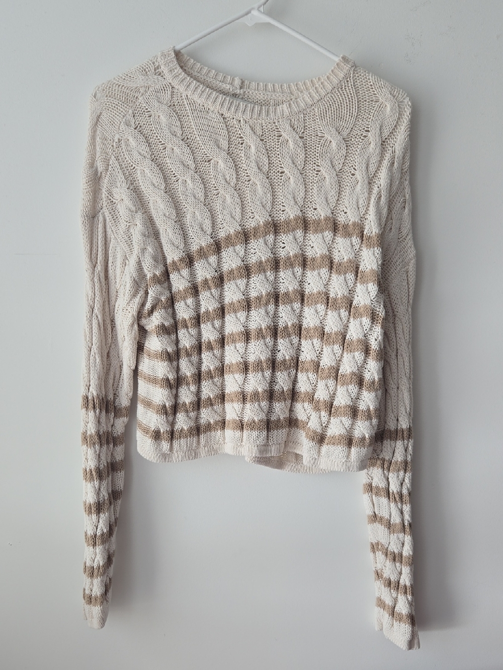 American Eagle Outfitters Cable Knit Stripe Crew Sweater - Cream & Tan